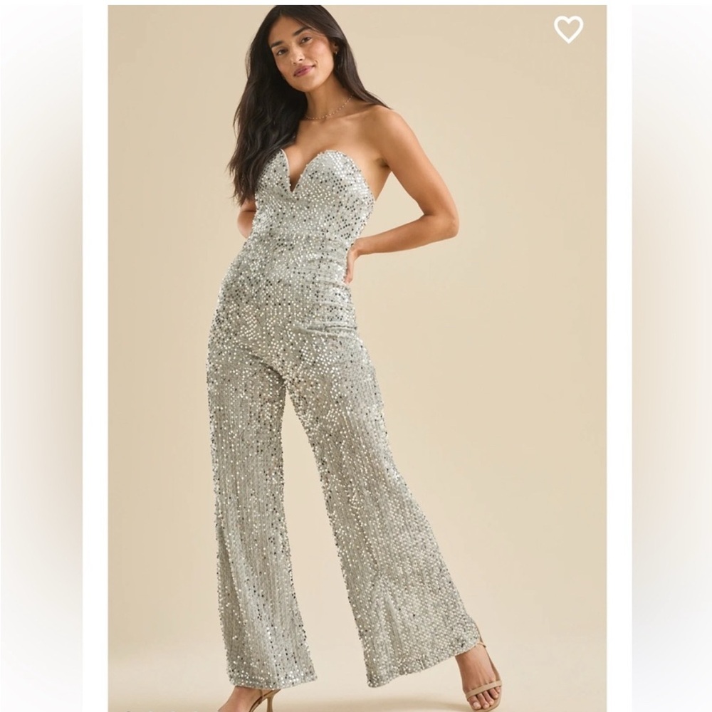 Altar'd State Silver Sequin Strapless Jumpsuit
